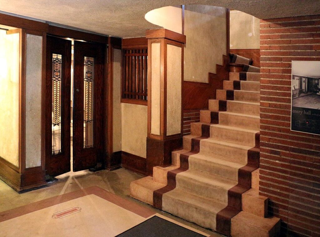 Interiors of Frederick C. Robie House with muted natural colors used throughout