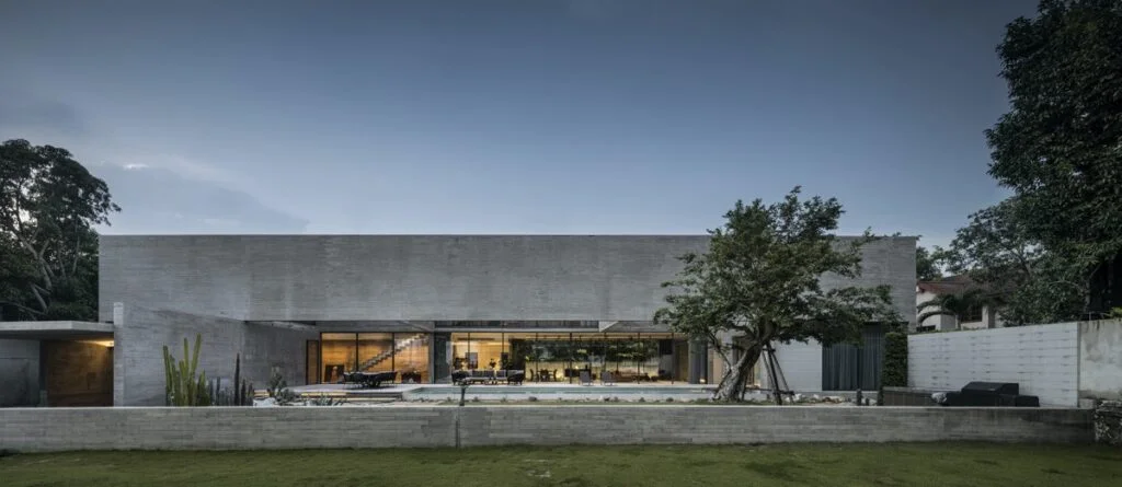 Exposed raw concrete exteriors are used in brutalism