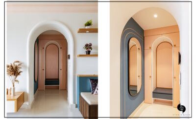 Nayak's Residence: Interior Design Project by Studio Aiza The Nayak's home is a journey of colours that creates a feeling of awe starting from the entry wall. The Terracotta coloured arched safety door, with the bold nameplate brings in a sense of free flow to the entrance. It is perfectly balanced with the Lord Ganesha idol placed in a circular stamp to the right and you feel the blessing extended to everyone who enters the home. Nayak,design,architecture