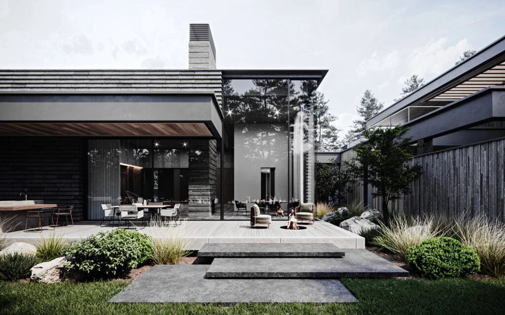 House in Okolitsa, Russia  The house with a total area of 1500 sq. m is located in the villa community "Okolitsa", Moscow region. The rhythmic architecture is defined by the complex topography of the site, which is practically a forest. In order to integrate the house into the environment, we have separated each volume with atriums, which ensures the privacy of individual zones and forms interconnected relations between the exterior and the interior, landscape, and architecture. Okolitsa