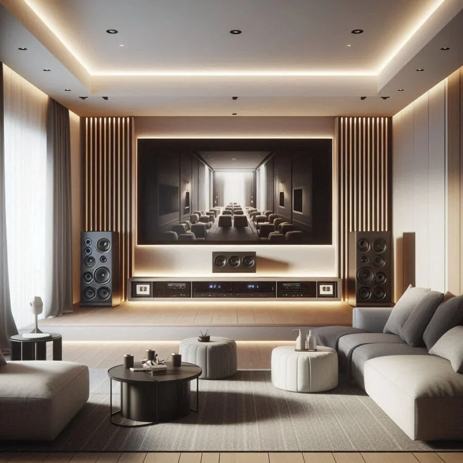 glass walls top floor home theatre room design
