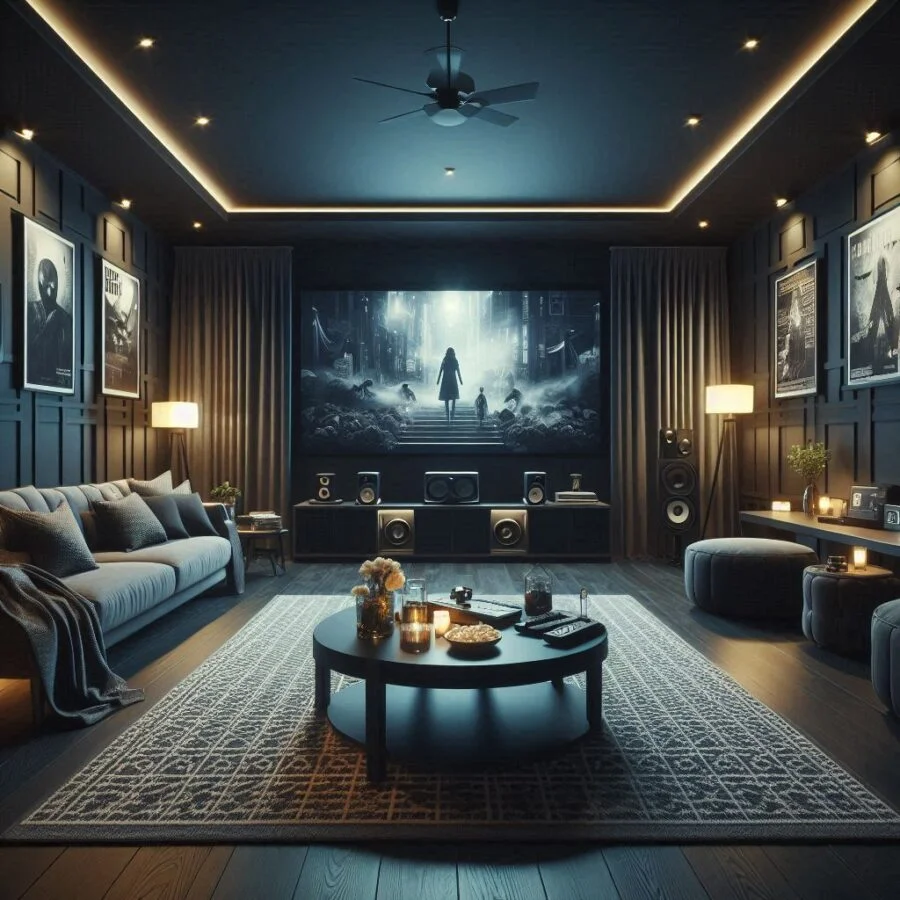 Home theatre room with bar
Compact home theatre room
Vintage home theatre design
